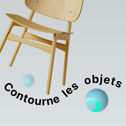 Une balle bleu en mouvement contournant automatiquement une chaise en bois. Le texte 'Contourne les objets' illustre la capacité de la balle à éviter les obstacles sans intervention humaine.