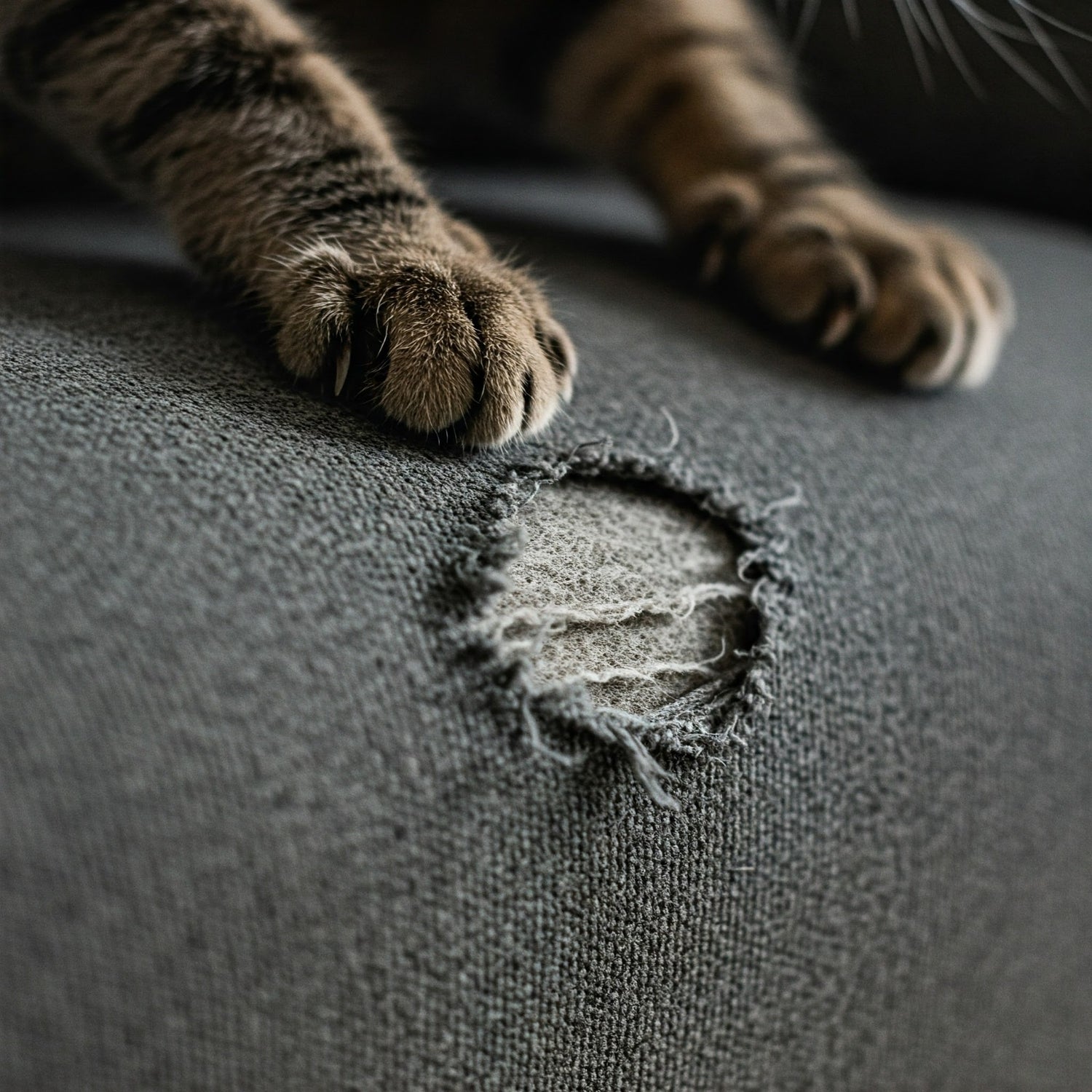 Canapé abîmé par un chat aux griffes acérées. La balle interactive permet de canaliser son énergie et de protéger votre mobilier.